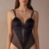 Cool Minimal Tulle And Satin Bodysuit -Lingerie Sale Store BOD2486019 FI