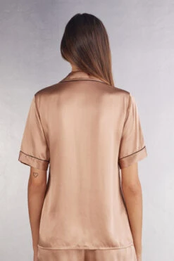 Short-Sleeved Satin Shirt With Contrasting Trim -Lingerie Sale Store CMD1233163I BI